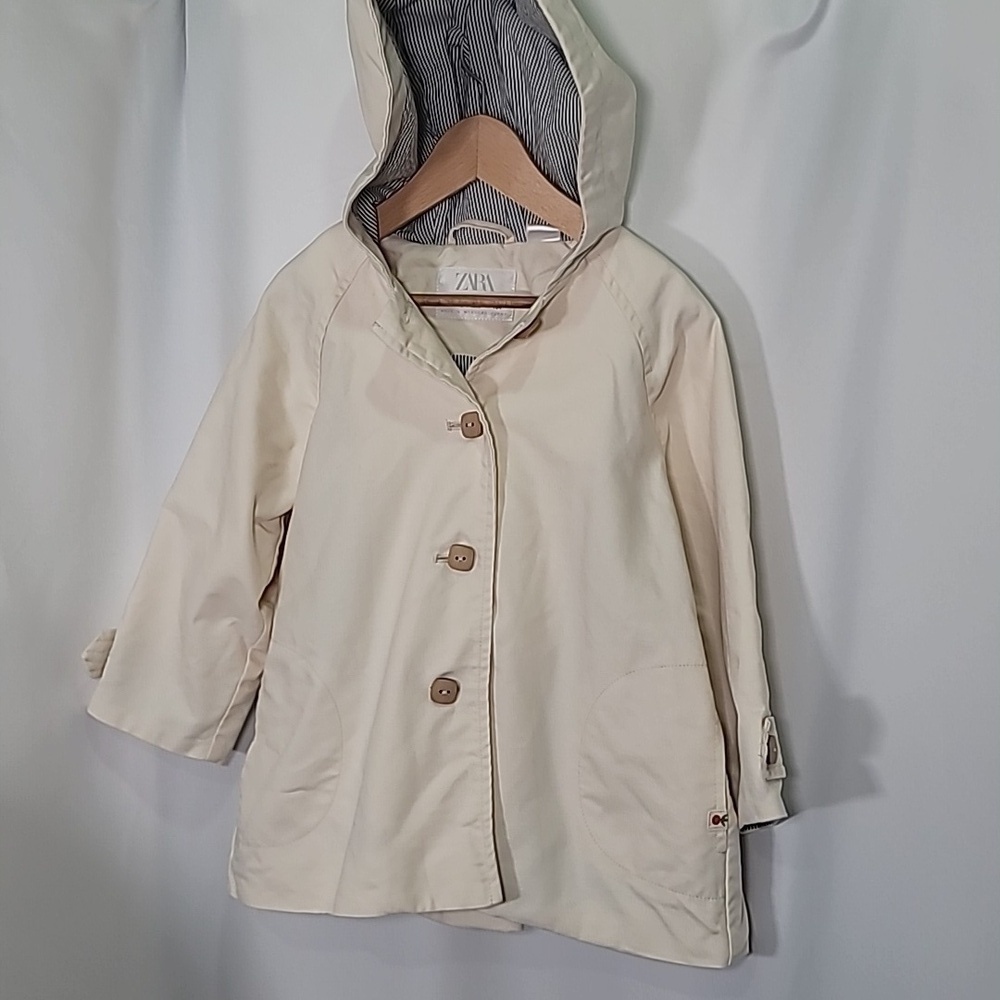 ZARA Button Up 100% Cotton A Line Jacket Khakhi with Hood Lined Fall Autumn